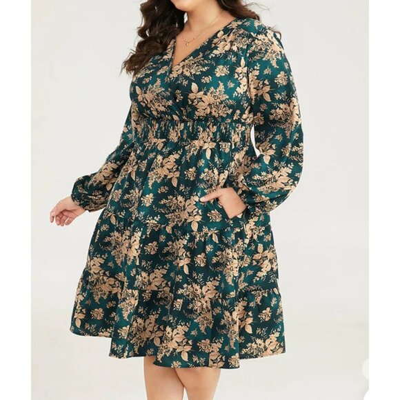 BloomChic Floral V Neck Long Lantern Sleeve Smocked Waist Mini Dress Sz 12 (Larg - Picture 1 of 16